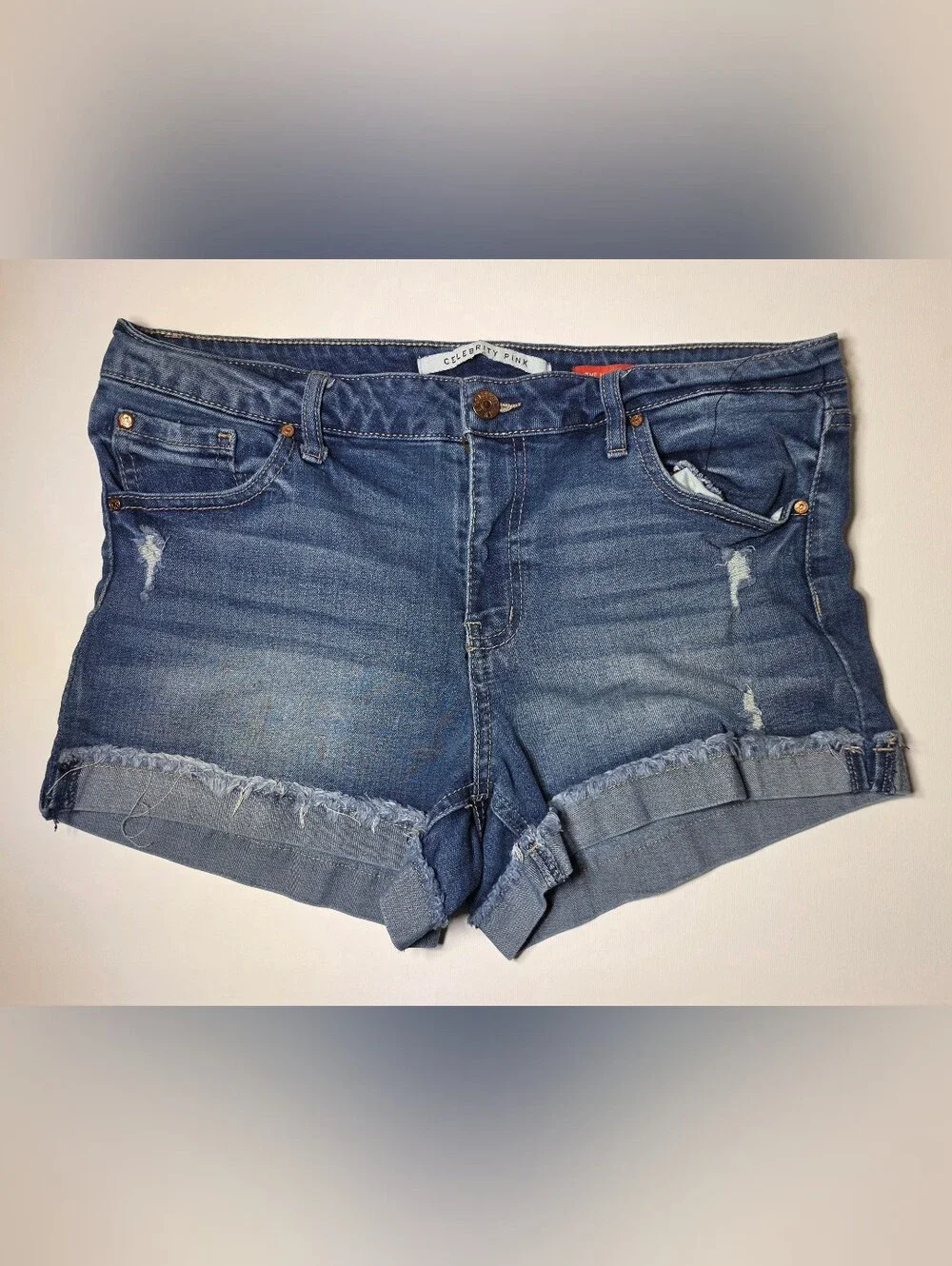 Celebrity Pink Distressed Cuffed Blue Denim Shorts